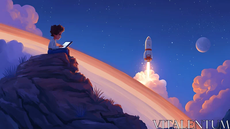 AI ART Boy with Tablet Watching Rocket Launch