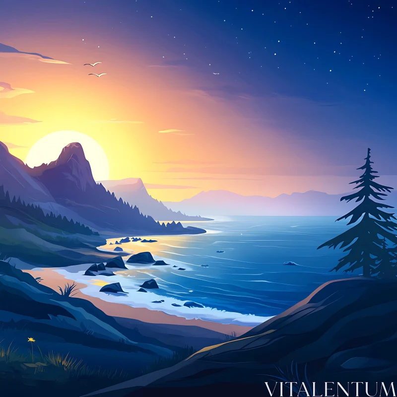 Tranquil Coastal Sunset Painting AI Image