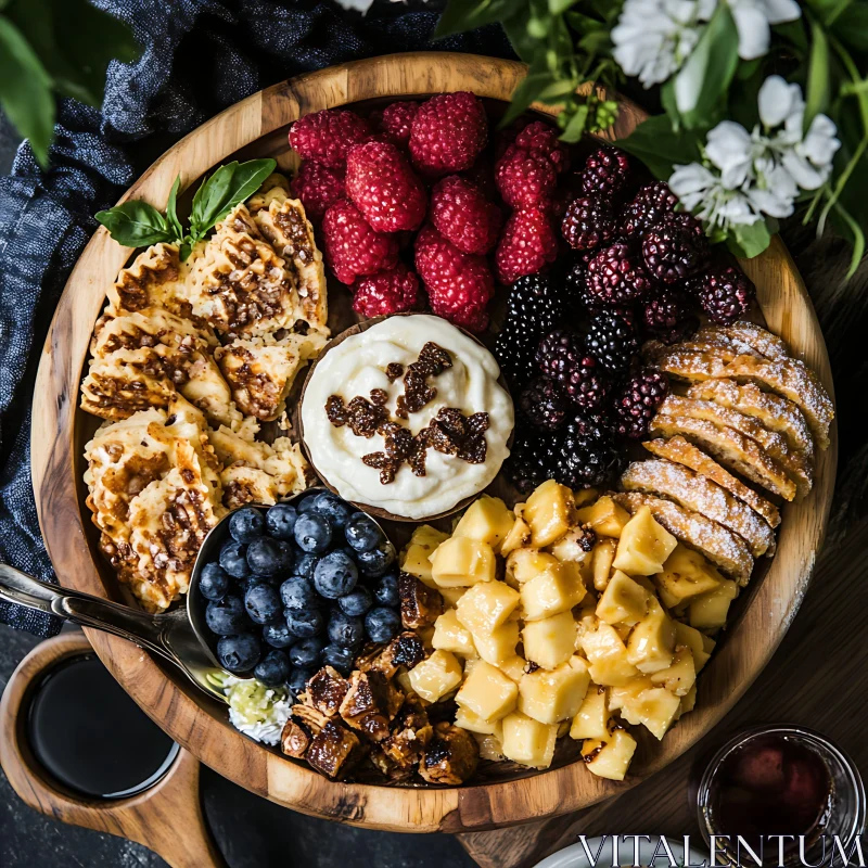 Assorted Fruits and Pastries on Wooden Plate AI Image