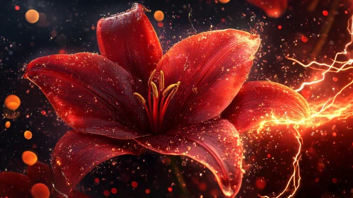 Red Lily Amidst Sparkles and Lightning