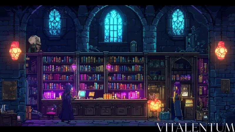 Pixelated Fantasy Library Scene AI Image