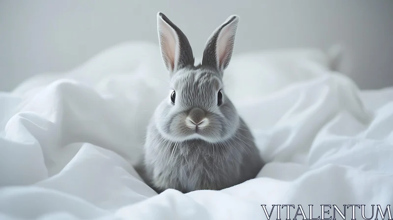 Grey Bunny Relaxing on White Sheets AI Image