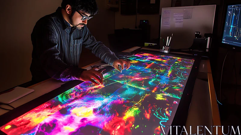 AI ART Man Creating Abstract Art on Glowing Display