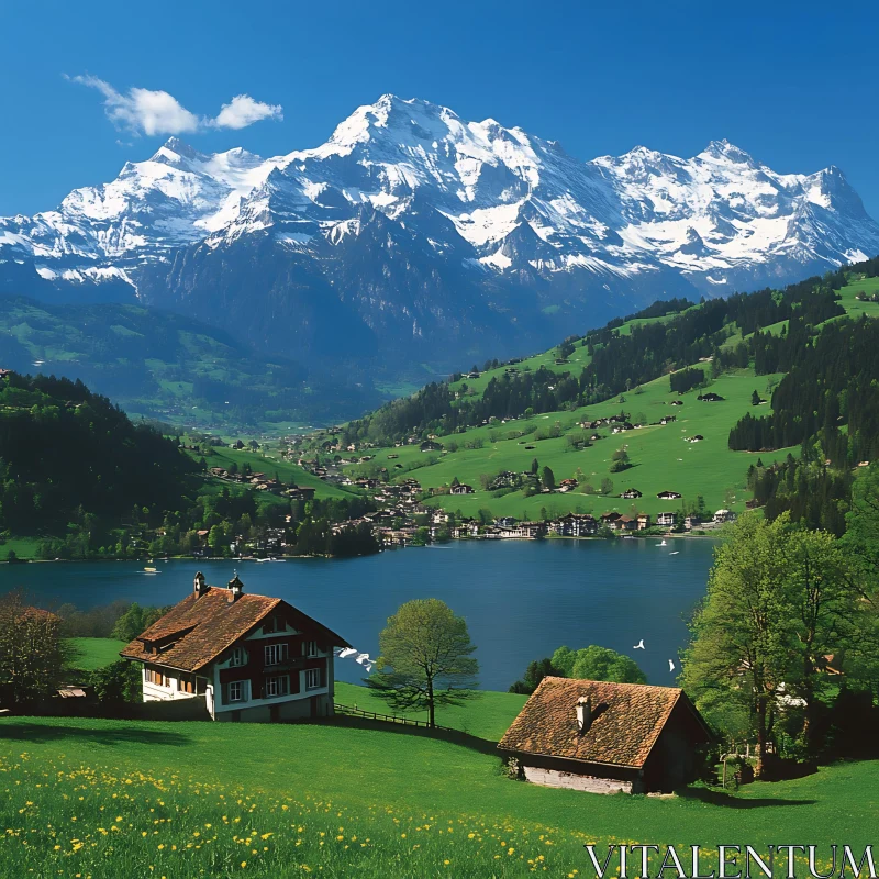 Alpine Lake Scenery with Snow Mountains AI Image