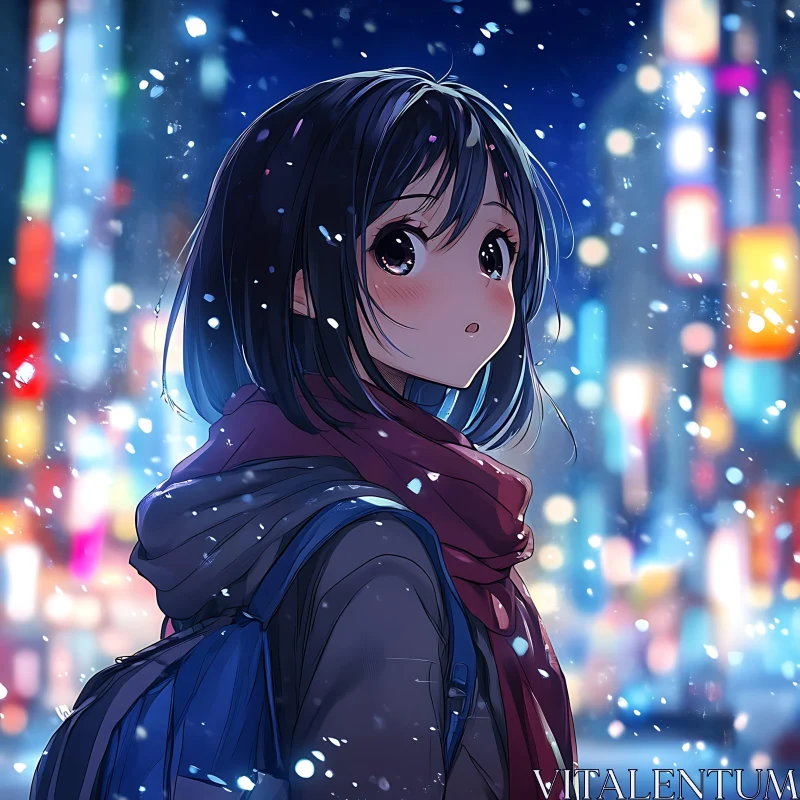 Anime Girl with Scarf in a Snowy City Night AI Image