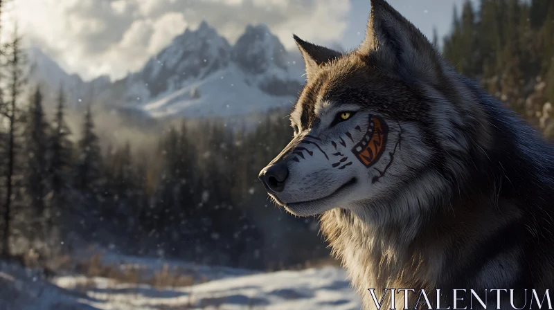 Snowy Wolf Portrait with Tribal Markings AI Image