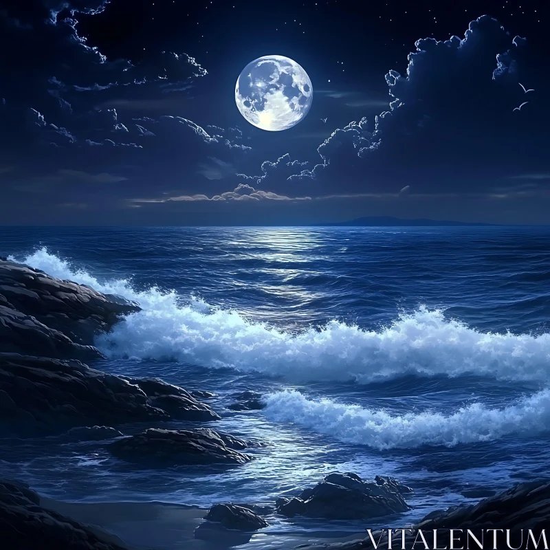 Night Seascape with Full Moon AI Image