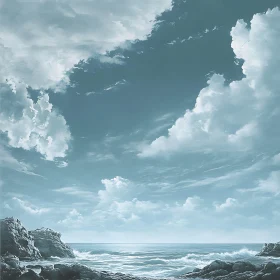 Calm Seascape with Rocks and Clouds