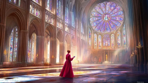 Cathedral Interior with Figure in Red
