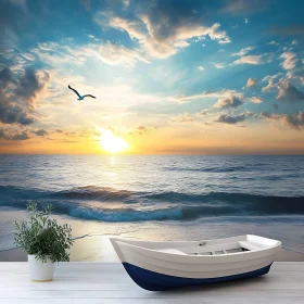 Sunset Seascape with Boat and Bird