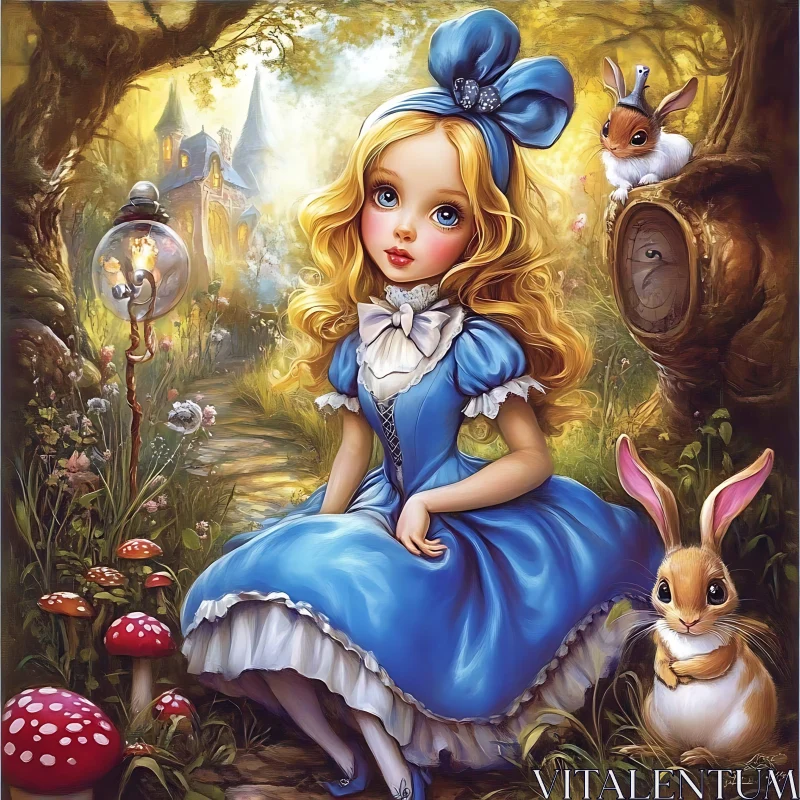 AI ART Enchanted Forest with Girl and Rabbits