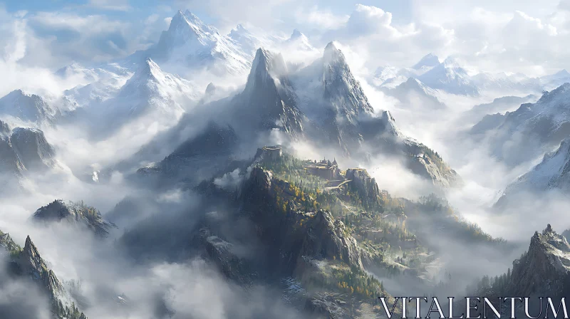 Misty Mountains and Fortress Image AI Image