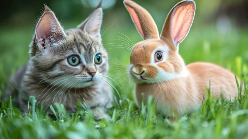 Playful Kitten and Bunny in Green Meadow