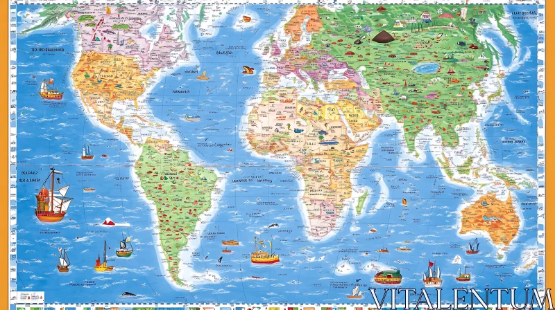 Whimsical World Map with Ships AI Image