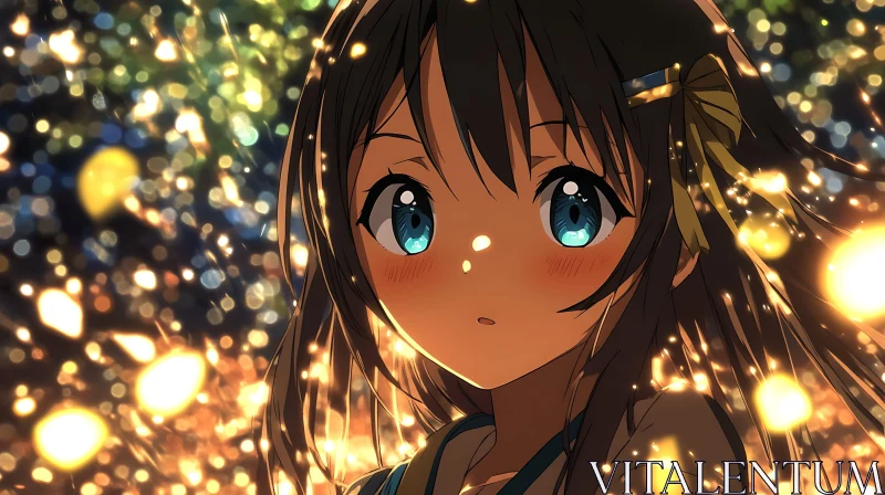 Mystical Anime Girl with Blue Eyes and Bokeh Background AI Image