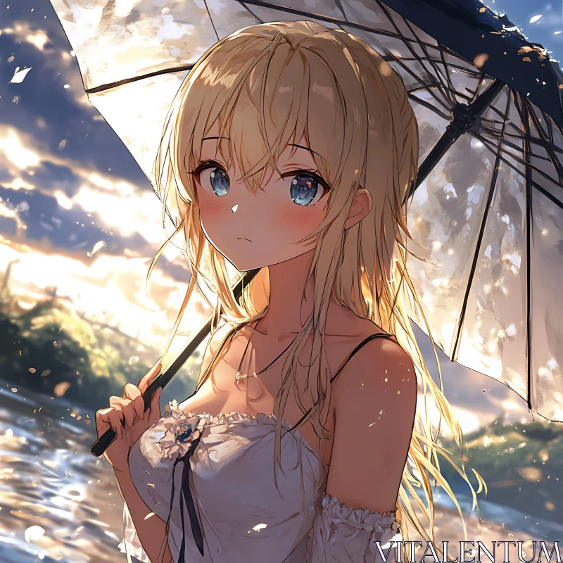 Blonde Anime Girl Under Umbrella by Water at Sunset AI Image