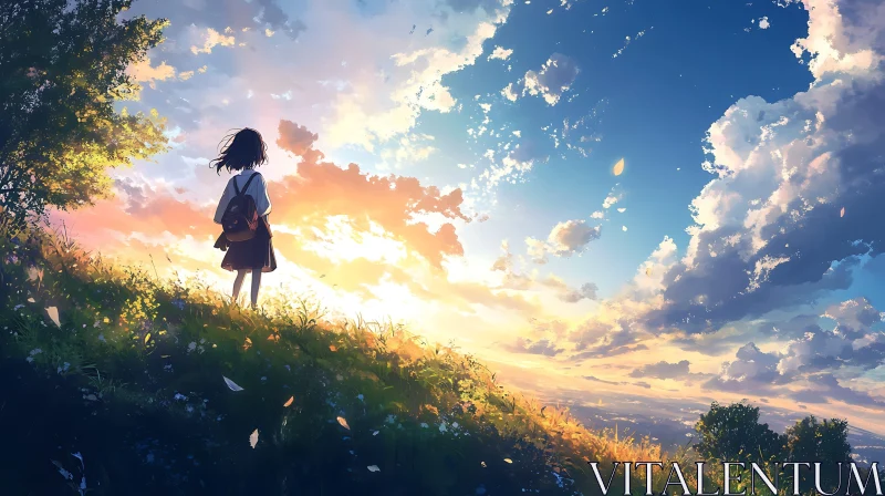 Serene Sunset View with a Solitary Girl on a Hill AI Image