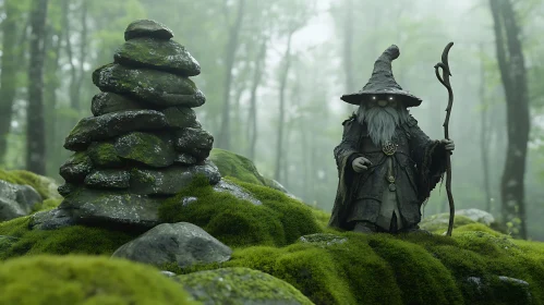 Mystical Forest Wizard and Mossy Stones