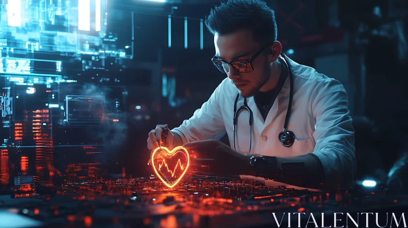 Doctor and Glowing Heart Circuitry AI Image