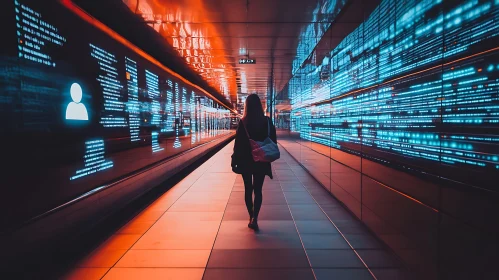 Woman in Neon Data Corridor