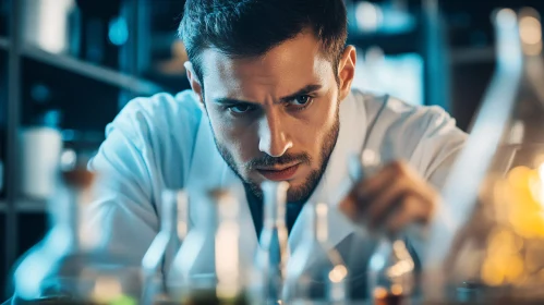 Man in Lab Coat Examining Beakers