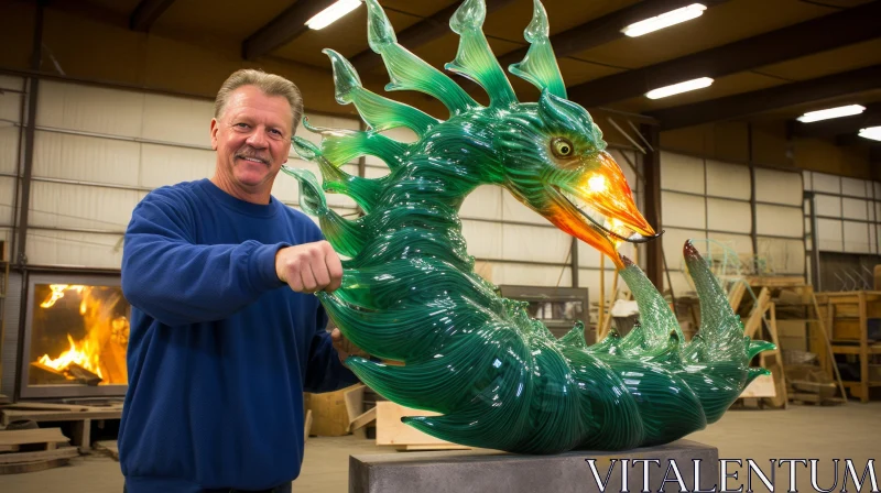 Artisan and His Emerald Glass Dragon Sculpture AI Image