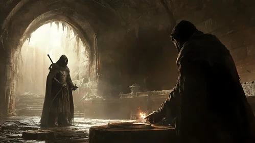 Cloaked Figures Meeting in Ancient Chamber