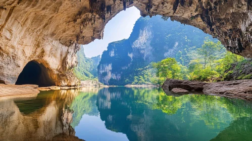 Serene Cave and Lake Landscape with Green Mountains