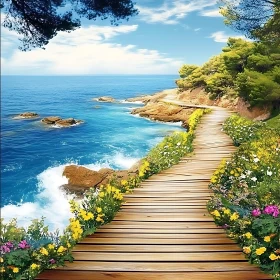 Seaside Wooden Path with Flowers