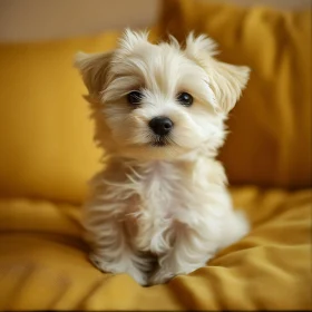 Cute White Puppy Sitting on Yellow Cushion