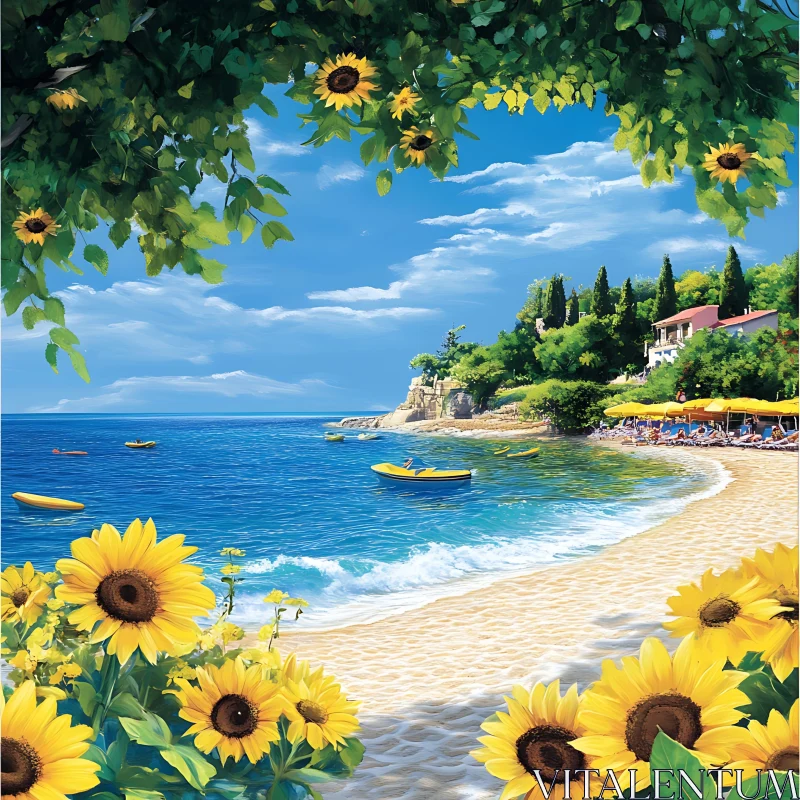 AI ART Beach with Sunflowers