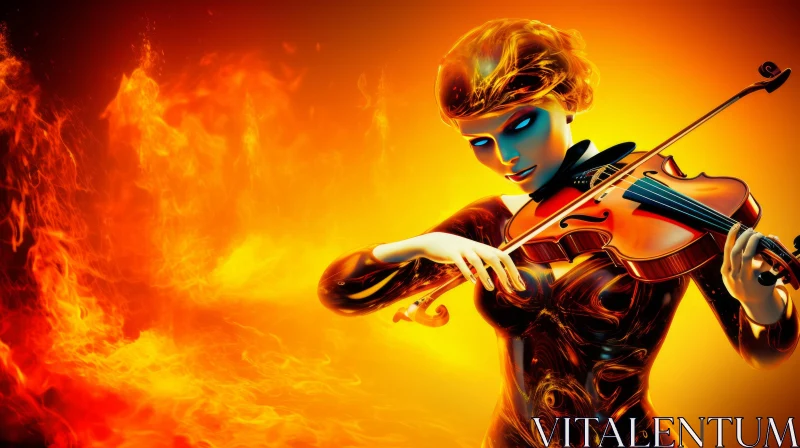 Fiery Melody: Futuristic Illustration of Violinist in Flames AI Image