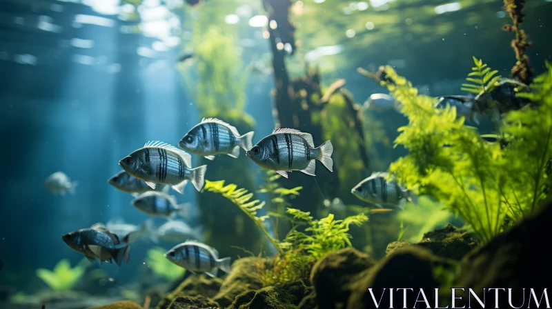 Sunlit Aquarium: A Dance of Fish in Emerald and Silver AI Image