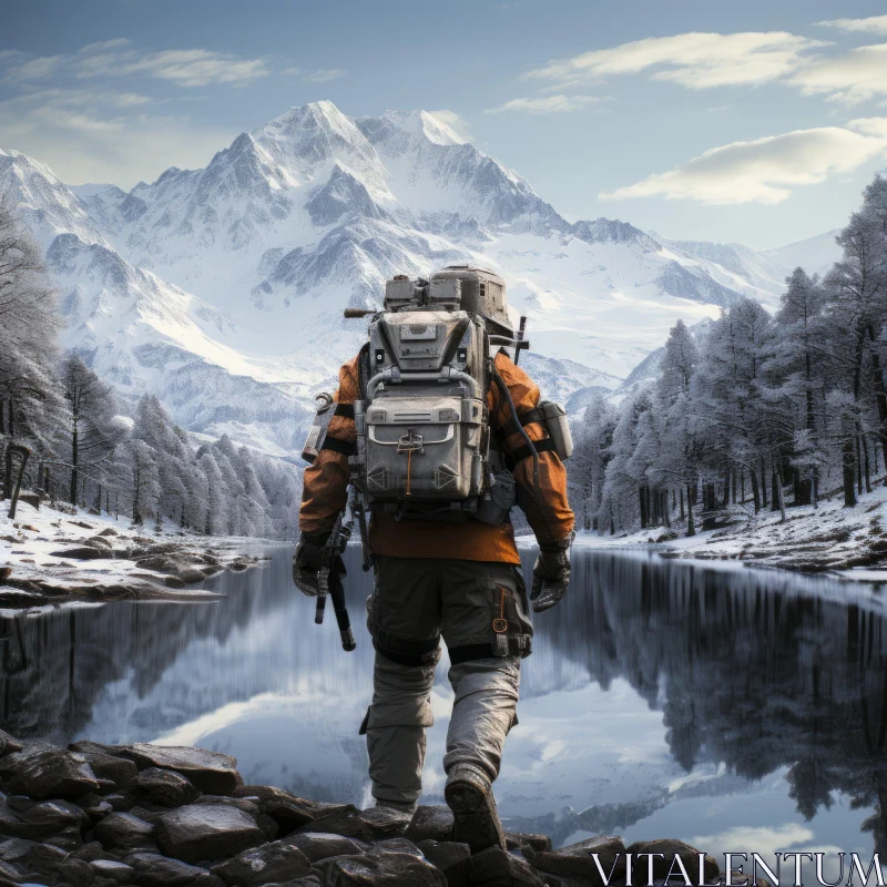 Surreal 3D Outdoor Hiker Scene Near Snowy River AI Image