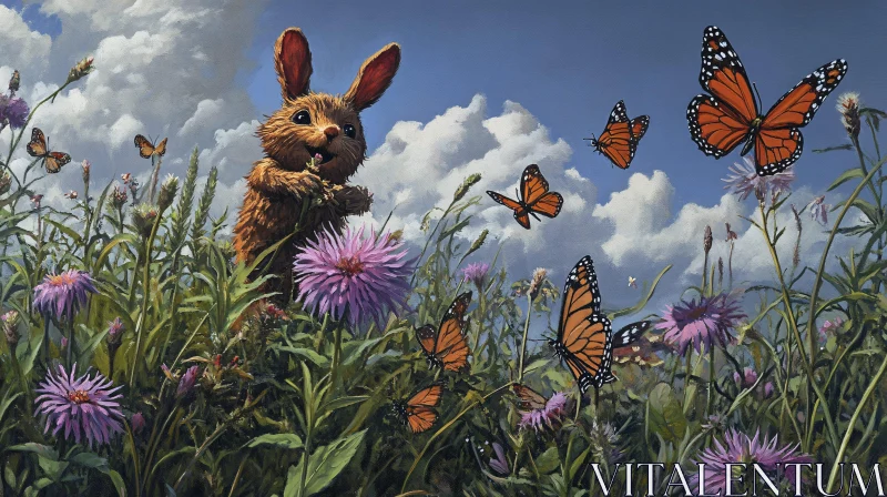 Whimsical Bunny and Monarch Butterflies Art AI Image