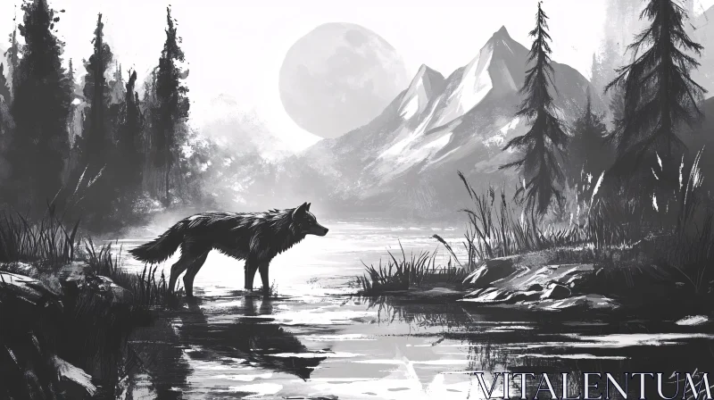 AI ART Monochrome Wolf Landscape