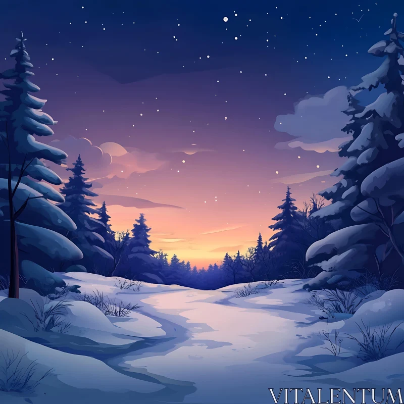 AI ART Serene Sunset in Snowy Winter Forest