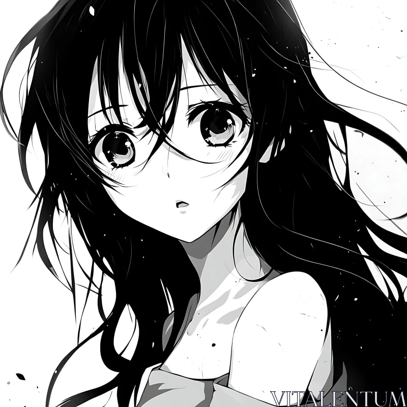 AI ART Anime Girl with Flowing Hair in Black and White