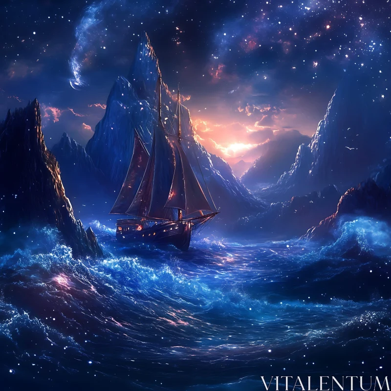 Night Voyage: Sailboat in Starry Seas AI Image