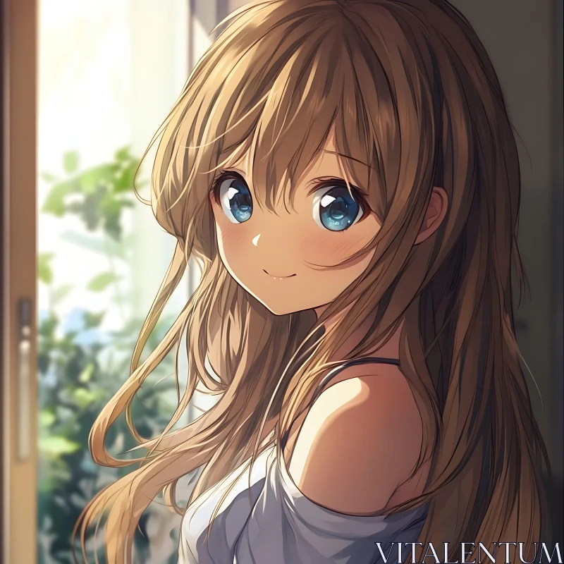 Smiling Anime Girl with Long Hair in Sunlight AI Image