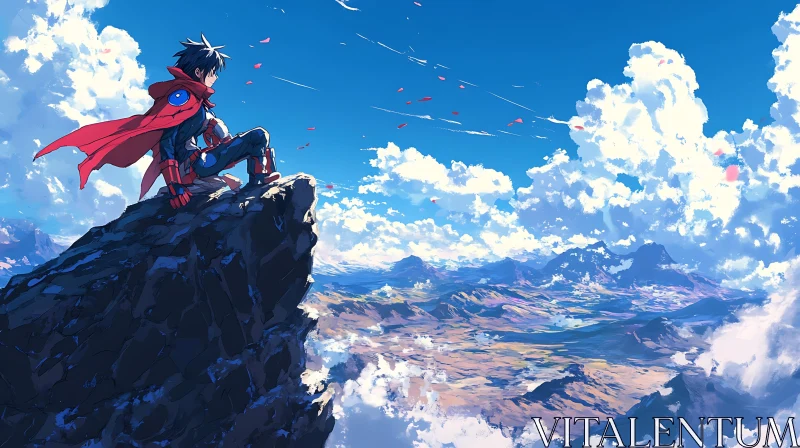 Lone Anime Hero on Mountain Peak with Red Cape AI Image