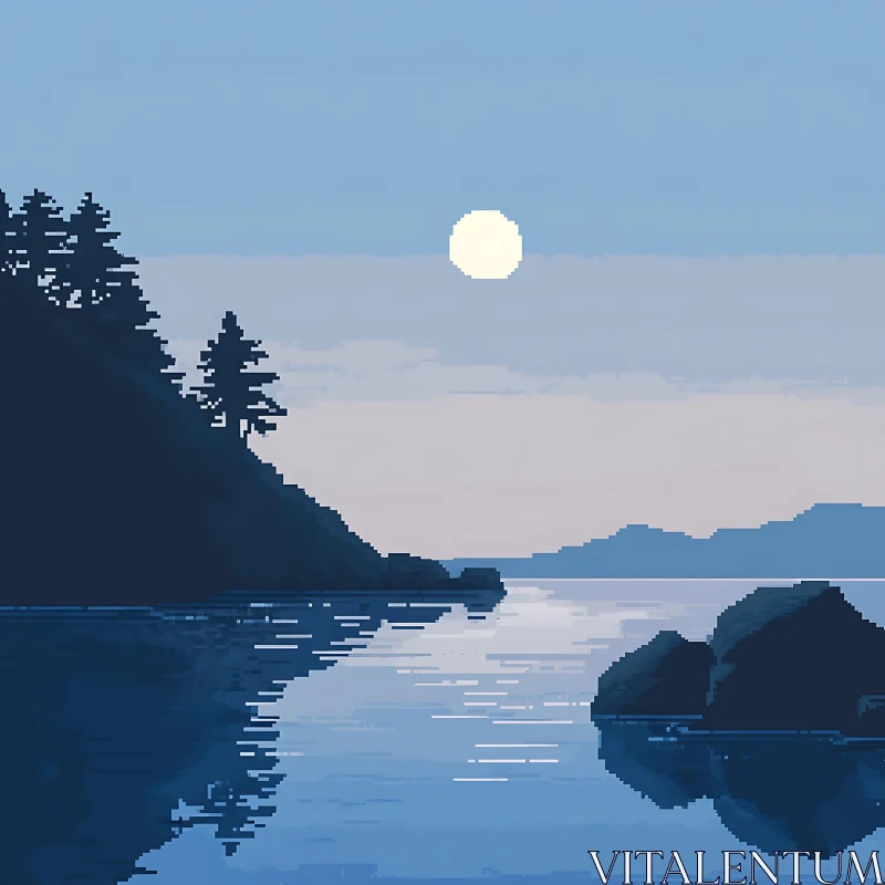 Moonlit Lake Pixel Landscape AI Image