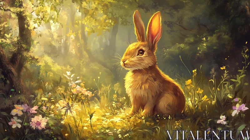 Rabbit among flowers in forest AI Image