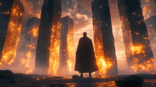 Fiery Monoliths and Solitary Figure