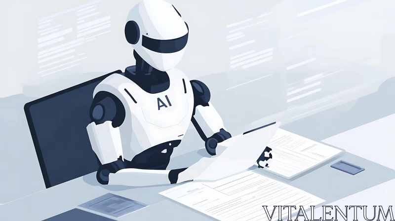 AI ART AI Robot Analyzing Paperwork, Futuristic Office