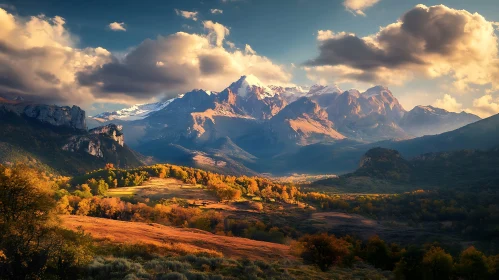 Snowy Peaks and Golden Valley View