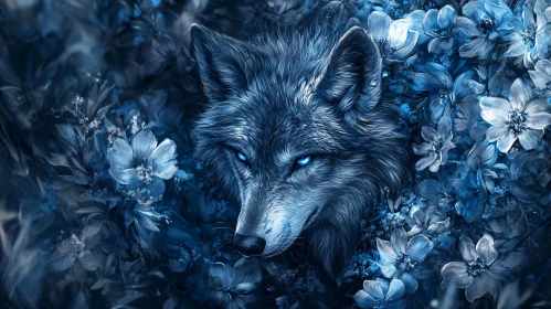 Blue Wolf Surrounded by Flowers