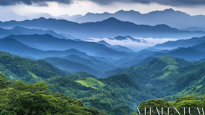 Green Forest and Blue Mountain Range AI Image