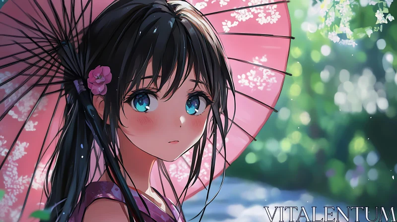 Anime Girl with Blue Eyes and Pink Umbrella AI Image