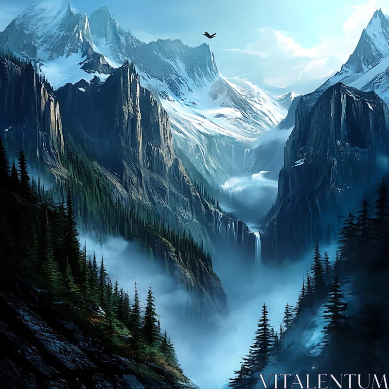 Mist Shrouded Peaks: Mountain Serenity AI Image